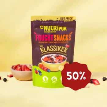 Hier ist ein Produktbild der gefriergetrockneten Fruchtmischung "Der Klassiker" von Nutripur. Jetzt 100g-Packung 50 Prozent Rabatt