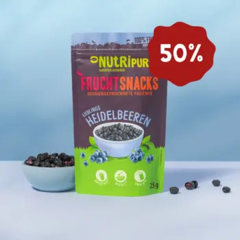 Hier ist ein Produktbild der gefriergetrockneten Heidelbeeren von Nutripur. Jetzt 50 Prozent Rabatt