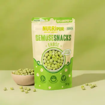 Hier ist ein Produktbild der gefriergetrockneten Erbsen von Nutripur