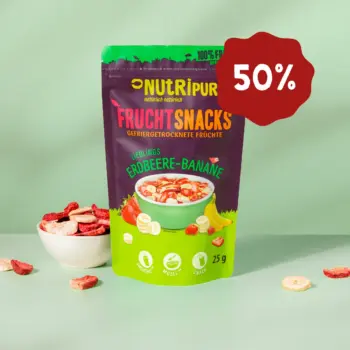 Hier ist ein Produktbild der gefriergetrockneten "Lieblinge Erdbeer-Banane" von NutriPur. Jetzt 50 Prozent Rabatt