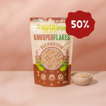 Hier ist ein Produktbild der Buchweizen-Knusperflakes von Nutripur. Jetzt 50% Rabatt.