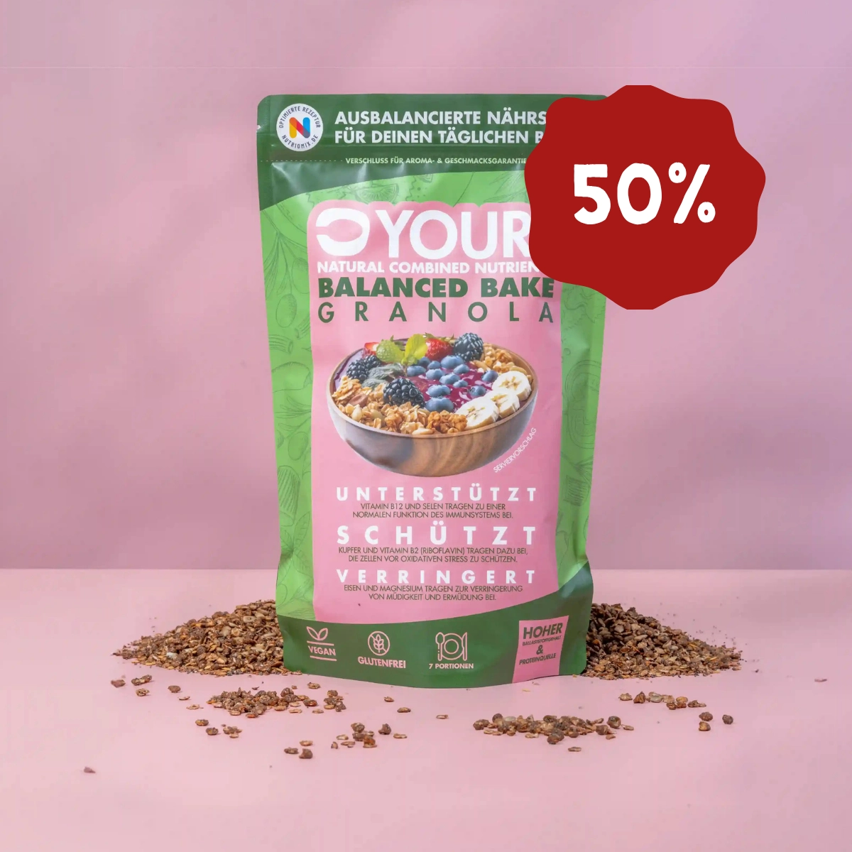 Hier ist ein Produktbild des knusprigen Granolas. Jetzt mit 50% Rabatt.