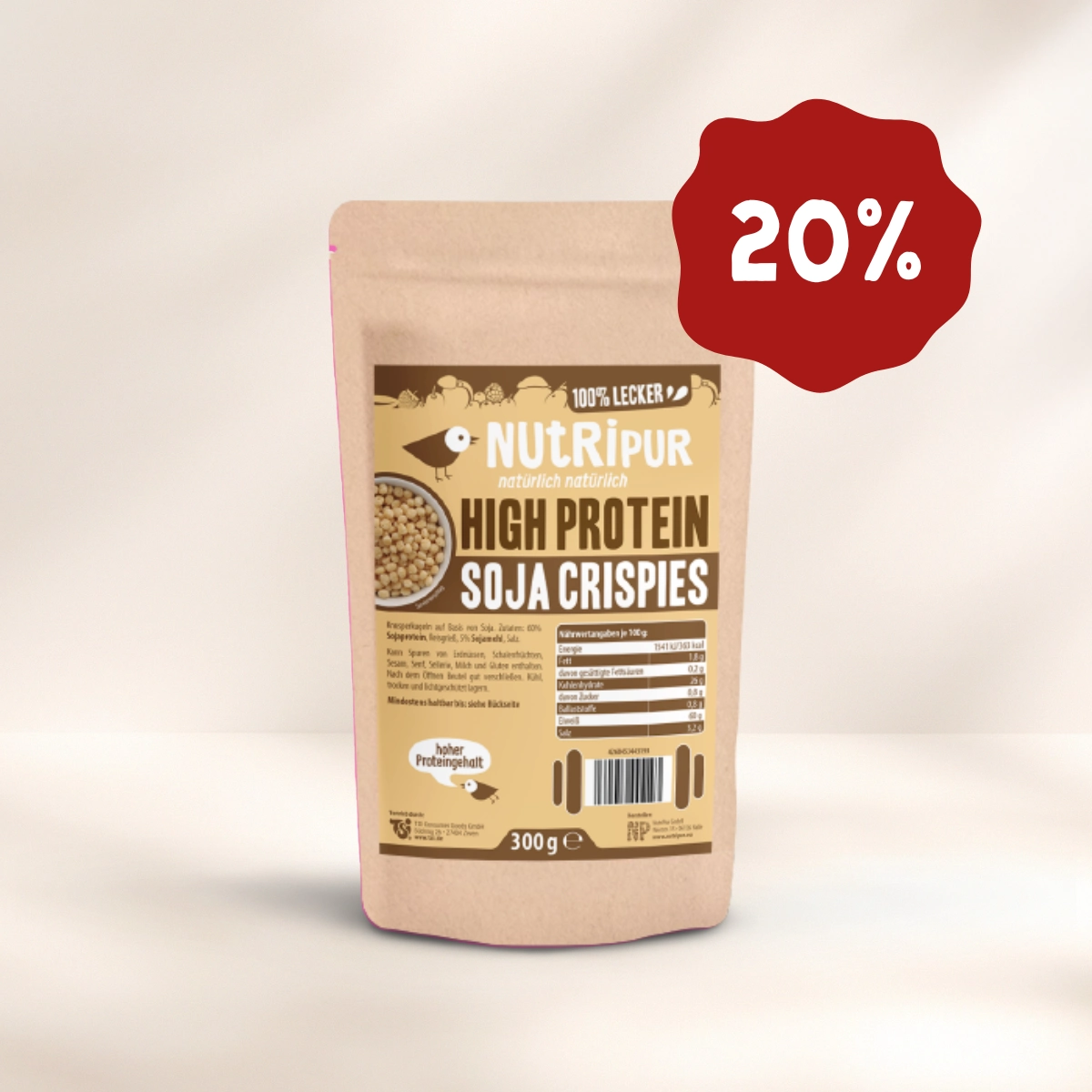 Hier ist ein Produktbild der Soja-Crispies, jetzt mit 20 Prozent Rabatt von NutriPur.