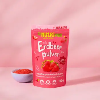 Hier ist ein Produktbild des gefriergetrockneten Fruchtpulvers Erdbeere von NutriPur