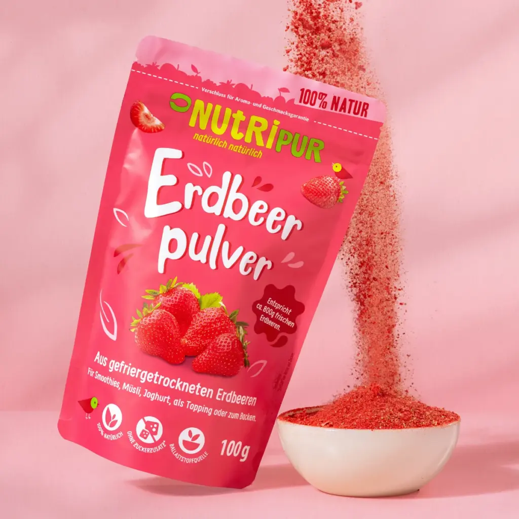 Detailbild der Verpackung und des gefriergetrockneten Erdbeerpulvers