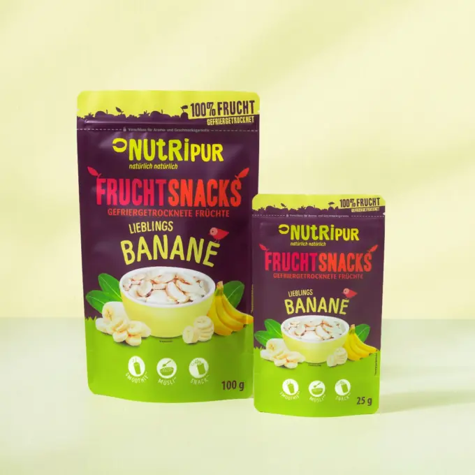 Hier ist ein Bild der von NutriPur zum Kauf angebotenen Varianten der gefriergetrockneten Bananen.