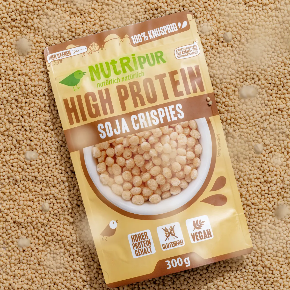 Detailbild der Verpackung und der High-Protein Soja-Crispies