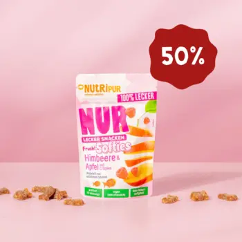 Hier ist ein Produktbild der NUR Frucht Softies Himbeere & Apfel mit Crispies. Jetzt 50 Prozent Rabatt