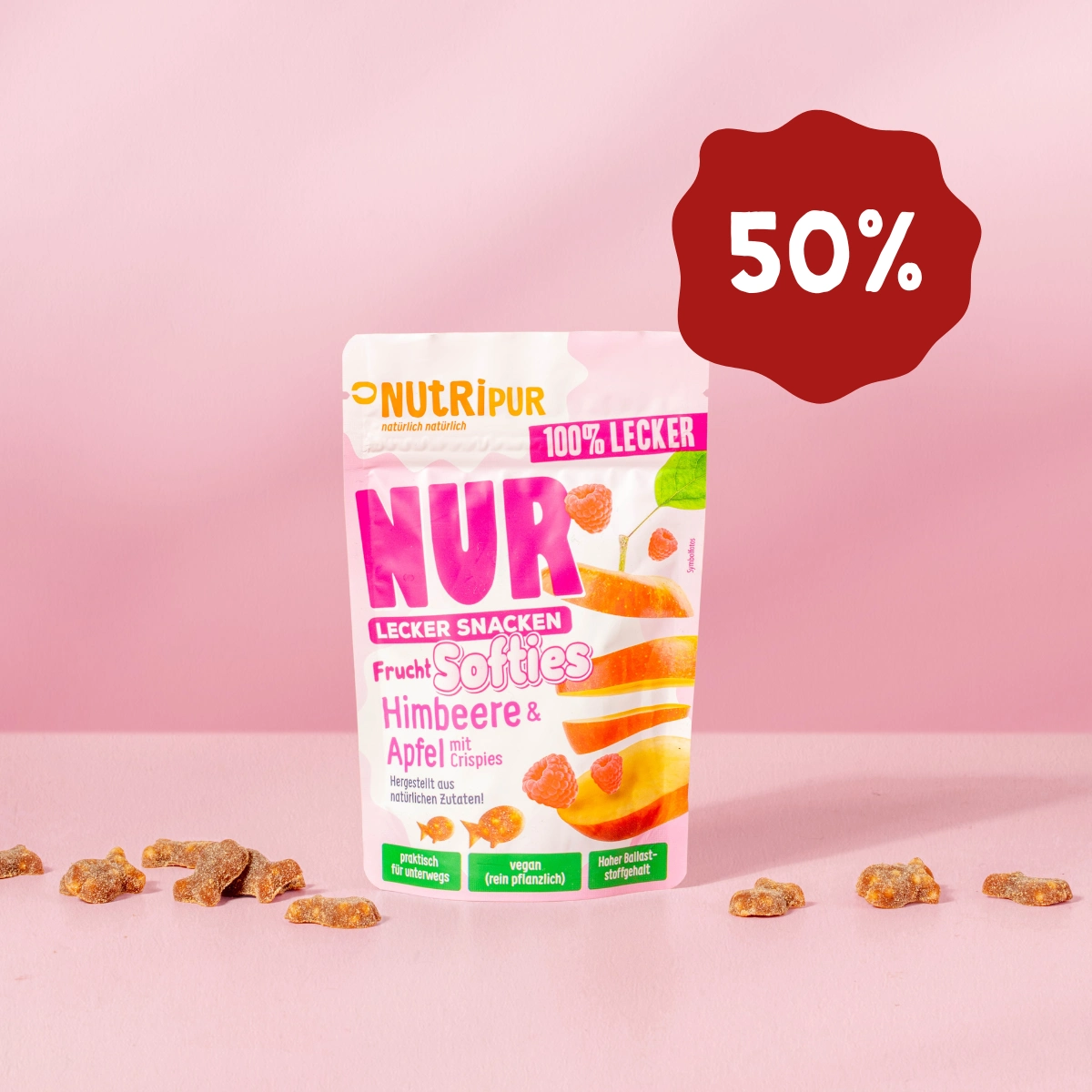 Hier ist ein Produktbild der NUR Frucht Softies Himbeere & Apfel mit Crispies. Jetzt 50 Prozent Rabatt
