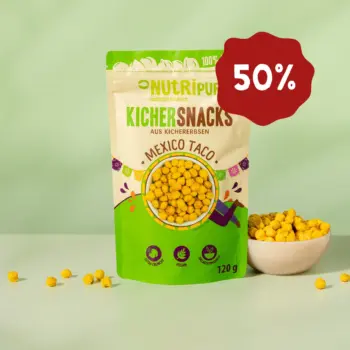 Produktbild der gerösteten Kichererbsen Mexiko-Snacks von NutriPur. Jetzt 50 Prozent Rabatt
