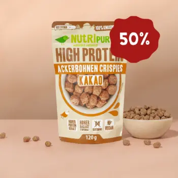 Hier ist ein Produktbild der Ackerbohnen Crispies Kakao von NutriPur. Jetzt 50 Prozent Rabatt