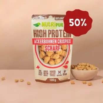 Produktbild der Ackerbohnen Crispies scharf von NutriPur. Jetzt 50 Prozent Rabatt