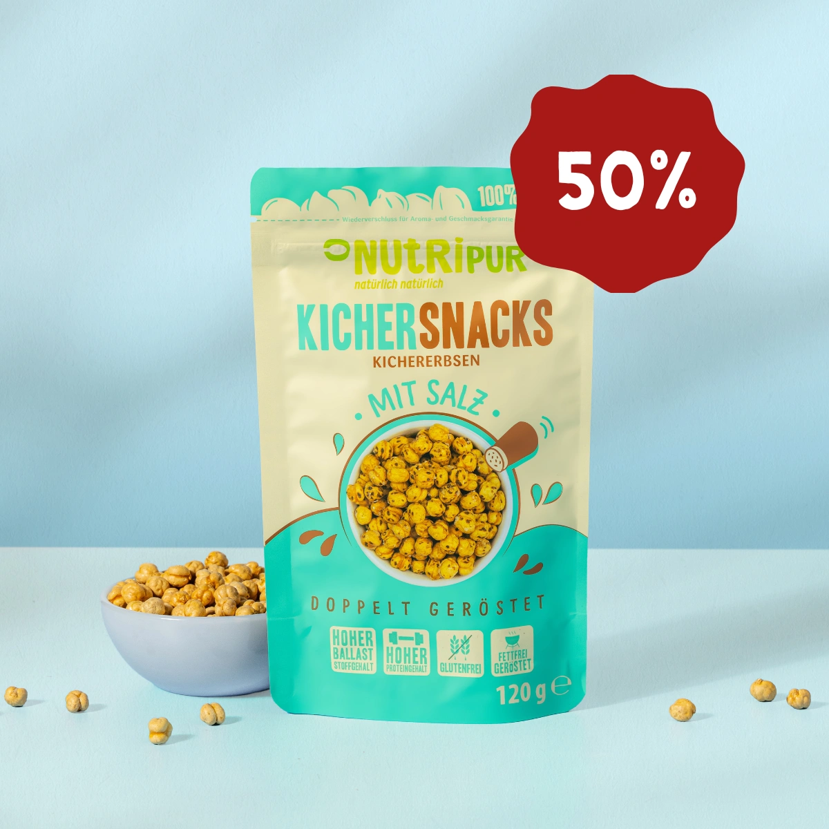 Produktbild der gerösteten Kichererbsen von NutriPur. Jetzt 50 Prozent Rabatt