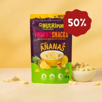 Hier ist ein Produktbild der gefriergetrockneten Ananas von NutriPur. Jetzt 50 Prozent Rabatt