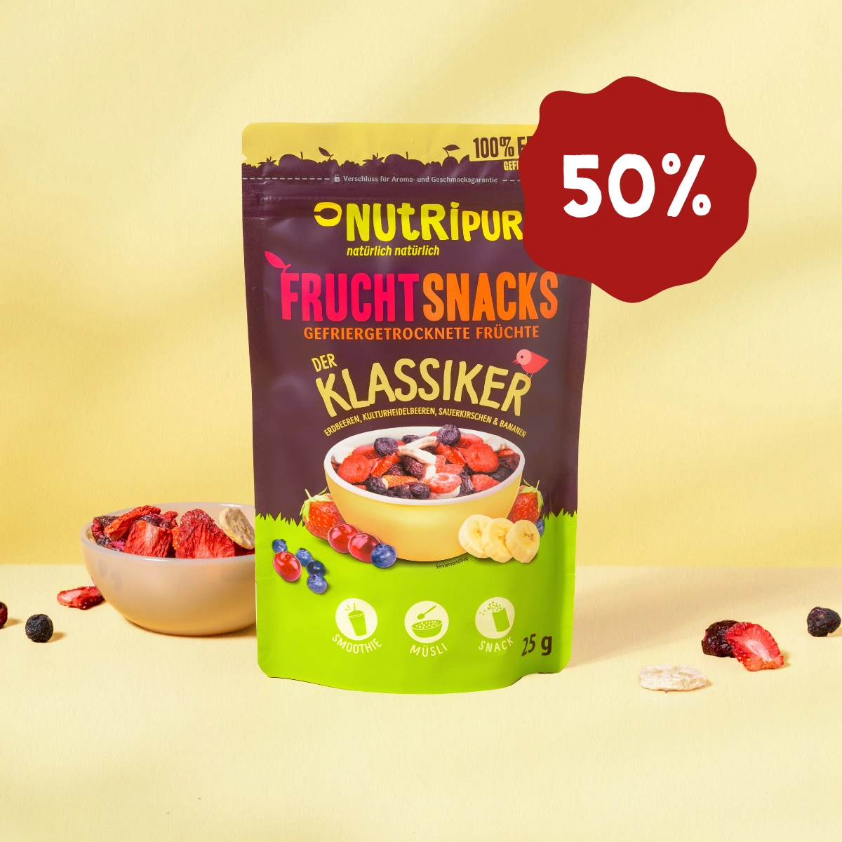 Hier ist ein Produktbild der gefriergetrockneten Fruchtmischung "Der Klassiker" von Nutripur. Jetzt 50 Prozent Rabatt