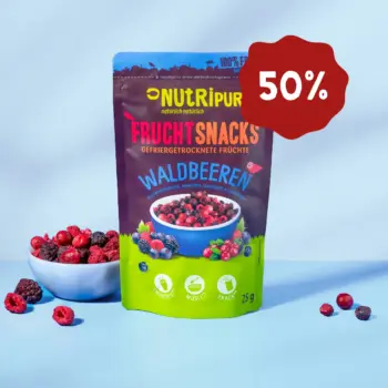 Hier ist ein Produktbild der gefriergetrockneten Waldbeeren von NutriPur. Jetzt 50 Prozent Rabatt