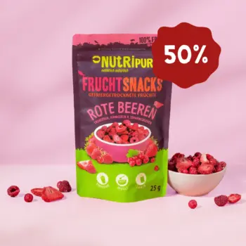 Hier ist ein Produktbild der gefriergetrockneten roten Beeren von Nutripur. Jetzt 50 Prozent Rabatt