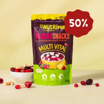 Hier ist ein Produktbild des gefriergetrockneten Fruchtmix "Multi Vital" von Nutripur. Jetzt 50 Prozent Rabatt