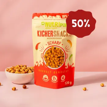 Produktbild der runden Kichererbsen-Snacks scharf von NutriPur. Jetzt 50 Prozent Rabatt