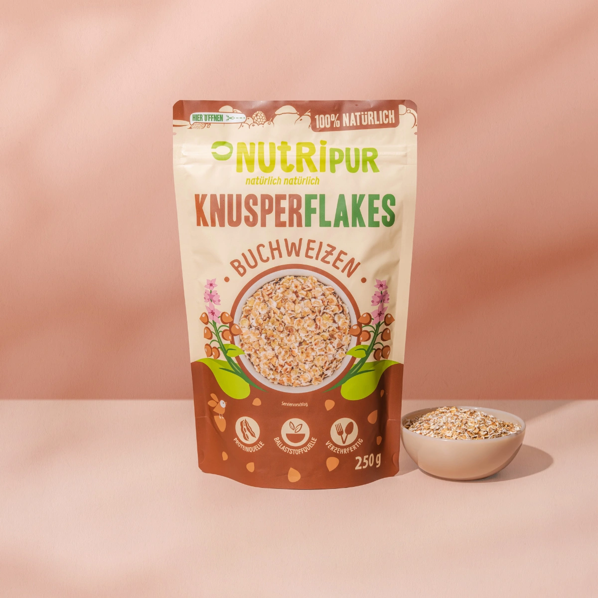 Hier ist ein Produktbild der Buchweizen-Knusperflakes von Nutripur